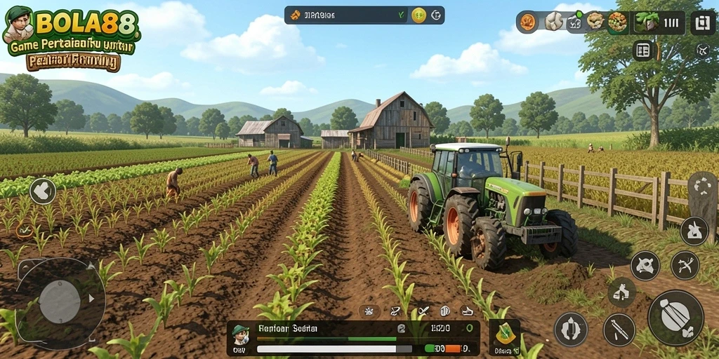 Tampilan gameplay BOLA88 dengan aktivitas bertani yang seru.