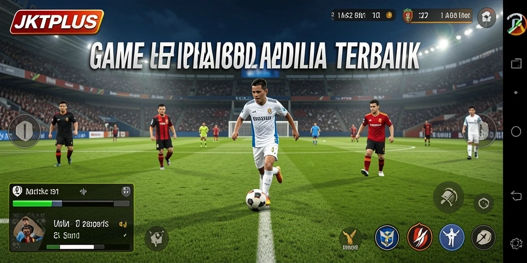 Tampilan gameplay JKTPLUS dengan aksi sepak bola yang dinamis.