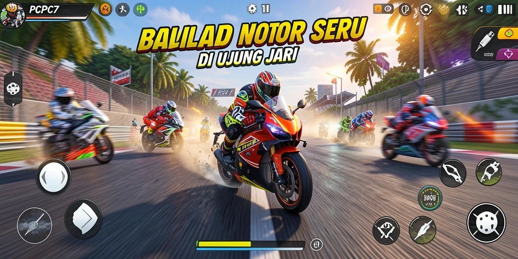 Tampilan spektakuler dari gameplay balap motor yang mendebarkan.